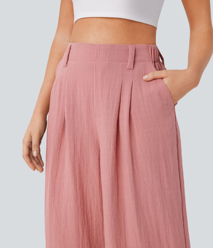 Pantalón capri lino tiro alto bolsillo lateral pierna ancha holgado color liso