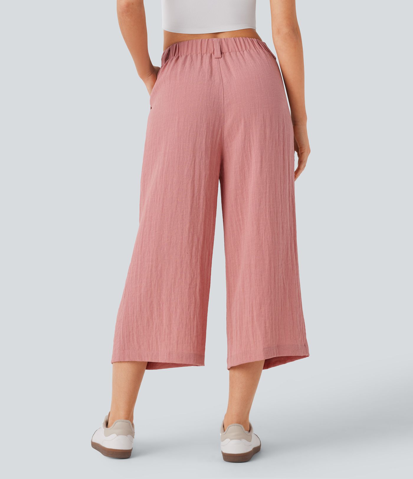 Pantalón capri lino tiro alto bolsillo lateral pierna ancha holgado color liso