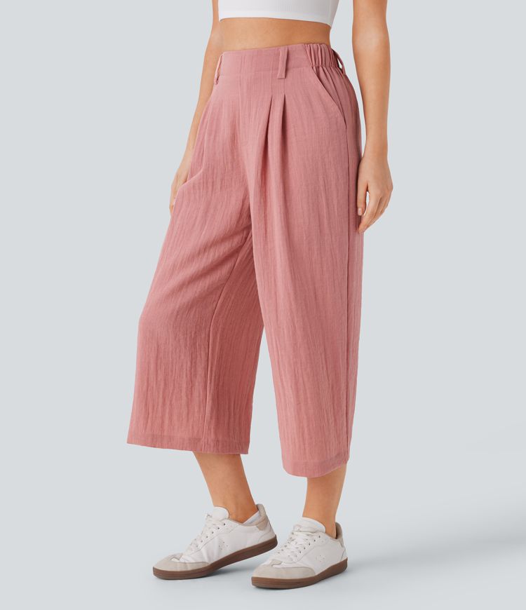 Pantalón capri lino tiro alto bolsillo lateral pierna ancha holgado color liso