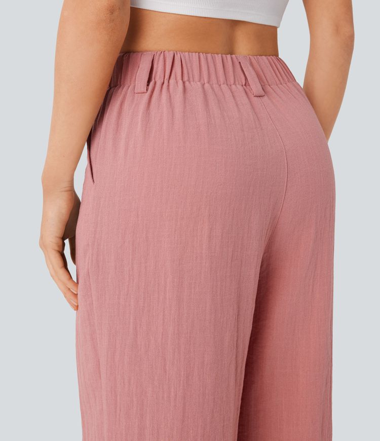 Pantalón capri lino tiro alto bolsillo lateral pierna ancha holgado color liso