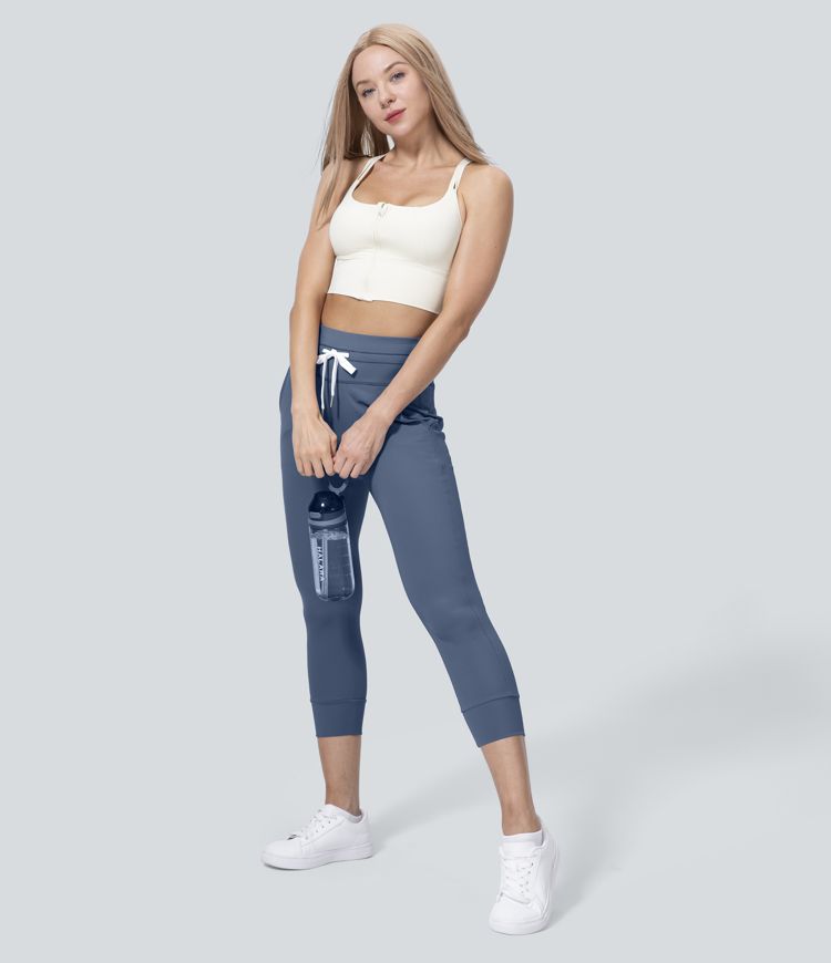 SoftlyZero™ Plush High Waisted Drawstring Pocket Plain Capri Yoga Joggers