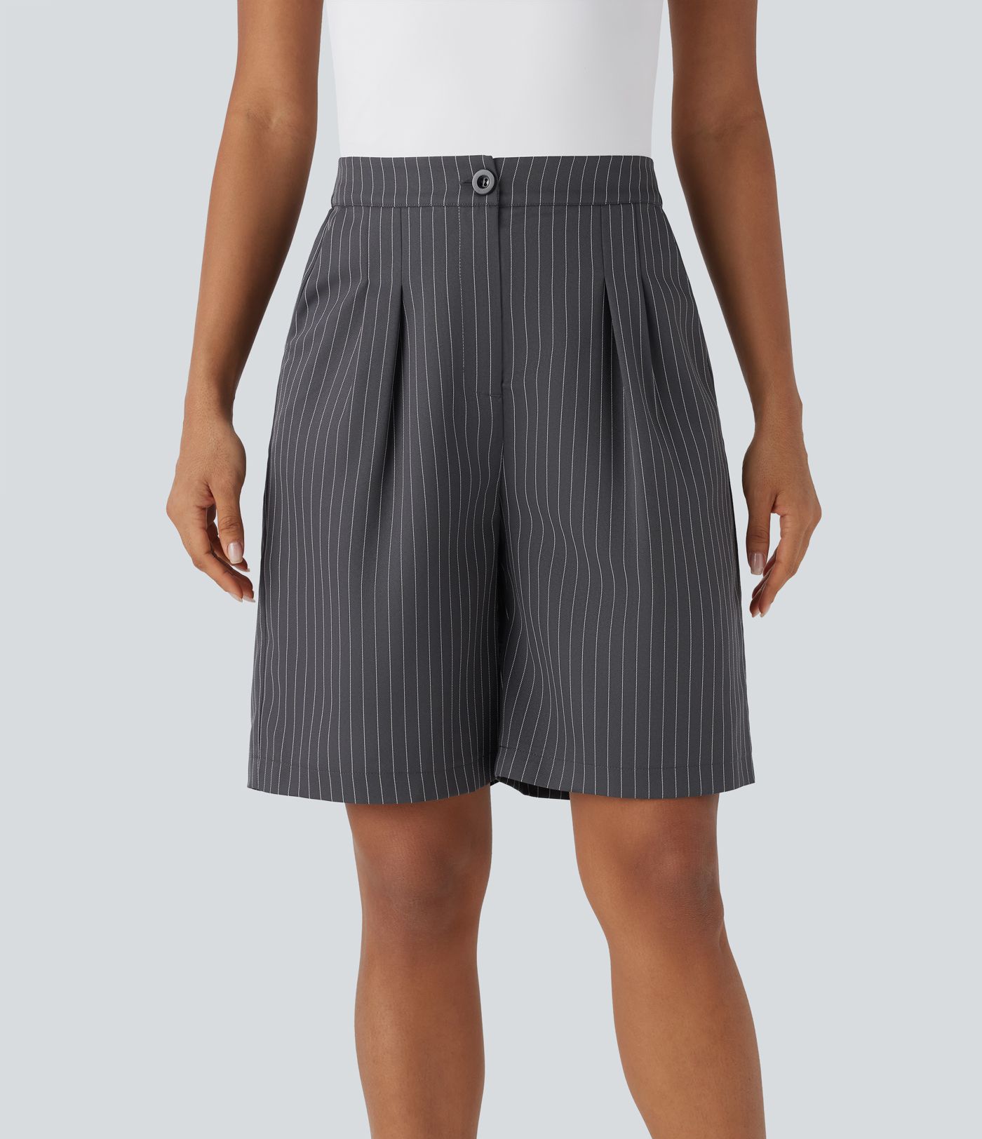 High Waisted Stripe Work Bermuda Shorts with Pockets