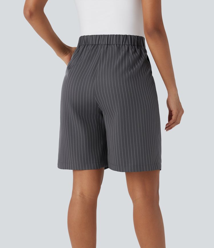 High Waisted Stripe Work Bermuda Shorts with Pockets