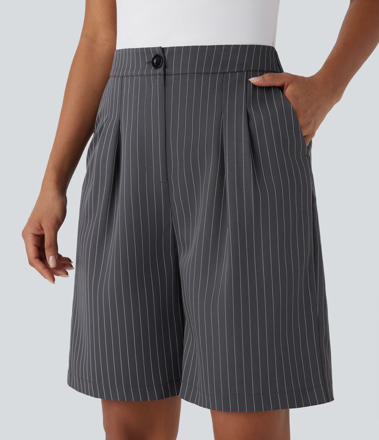 High Waisted Stripe Work Bermuda Shorts with Pockets