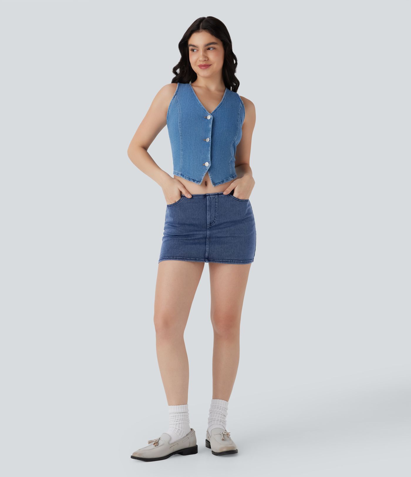 Halara Flex™ Low Rise 2-in-1 Bodycon-Minirock aus gewaschenem, dehnbarem Strick-Denim mit Seitentasche