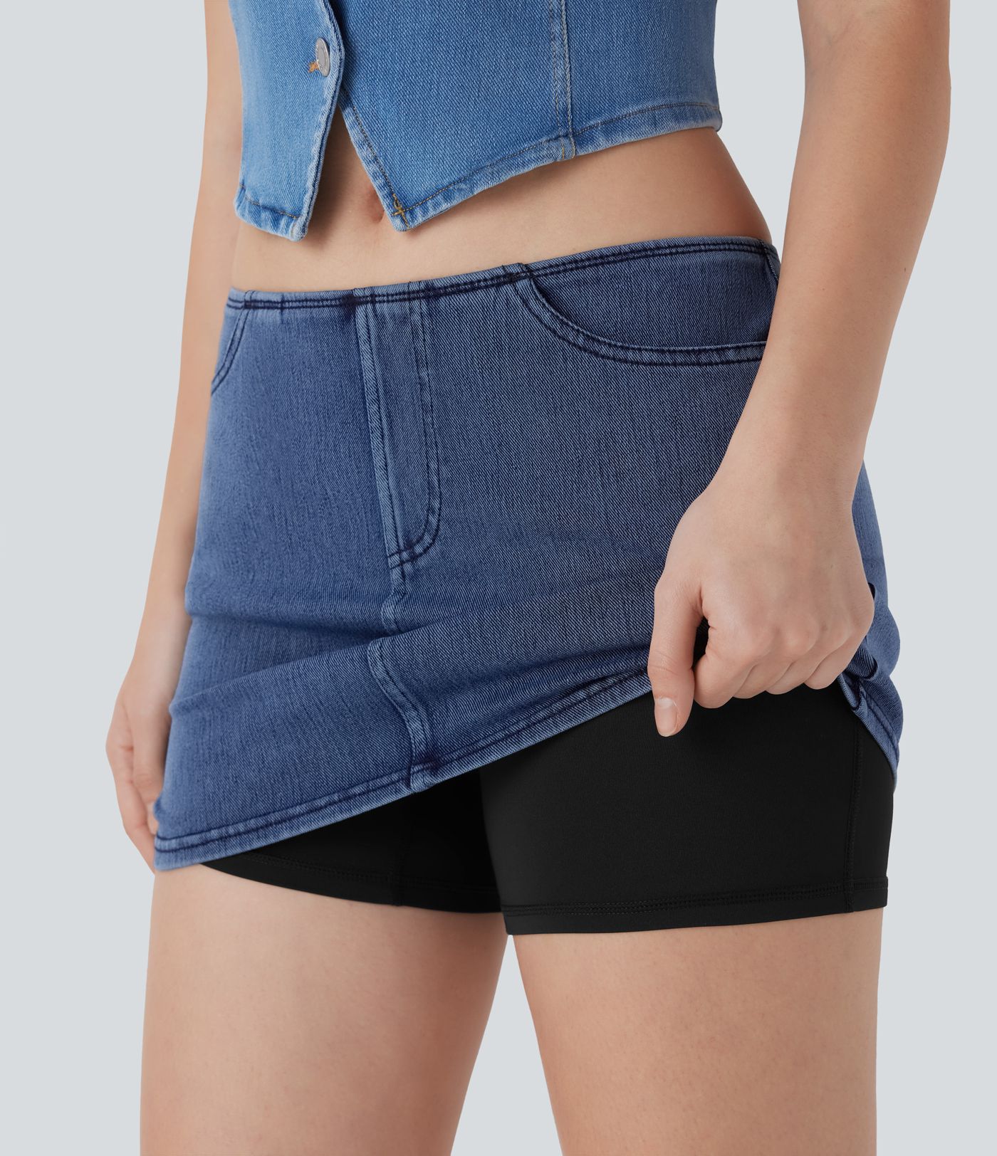 Halara Flex™ Low Rise 2-in-1 Bodycon-Minirock aus gewaschenem, dehnbarem Strick-Denim mit Seitentasche