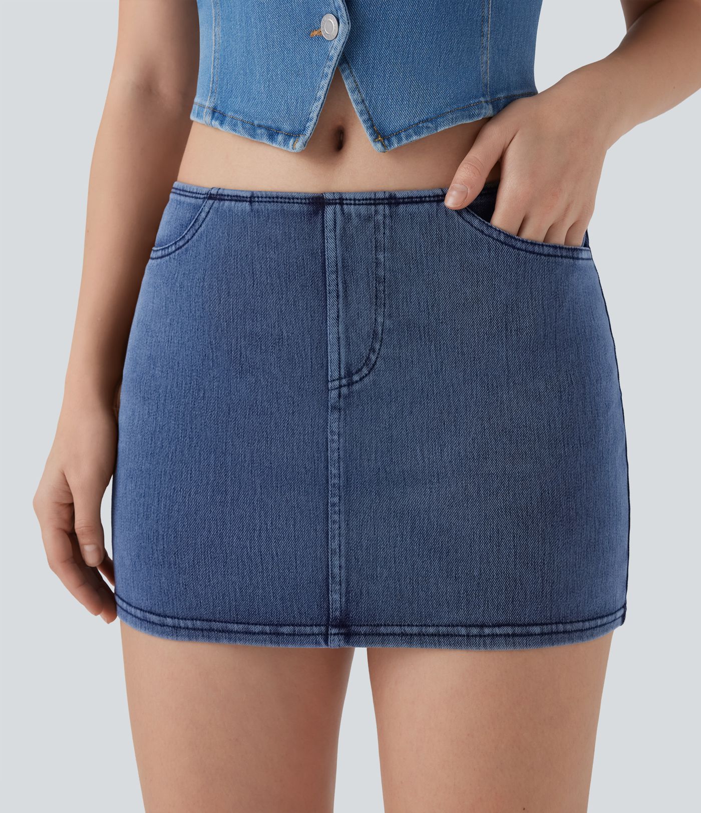 Halara Flex™ Low Rise 2-in-1 Bodycon-Minirock aus gewaschenem, dehnbarem Strick-Denim mit Seitentasche
