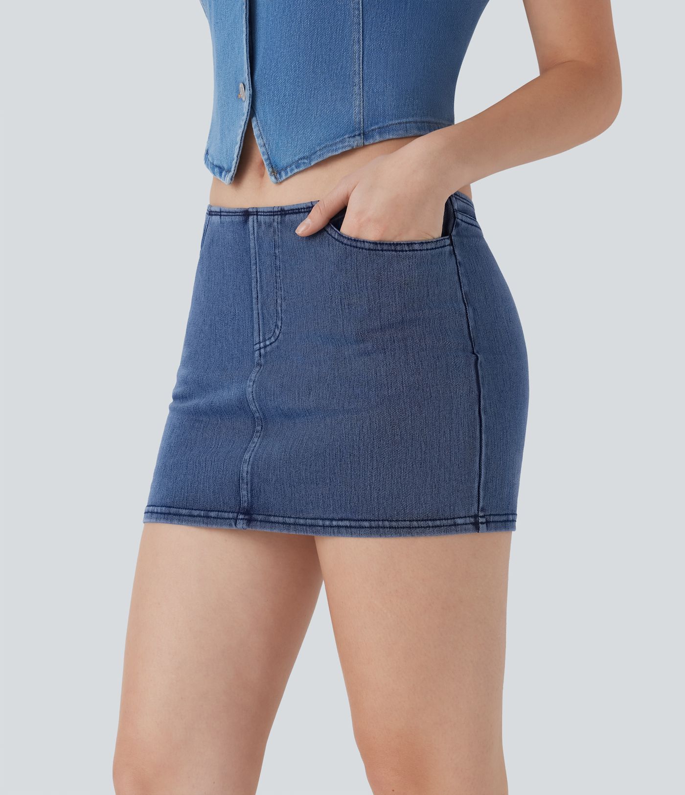 Halara Flex™ Low Rise 2-in-1 Bodycon-Minirock aus gewaschenem, dehnbarem Strick-Denim mit Seitentasche