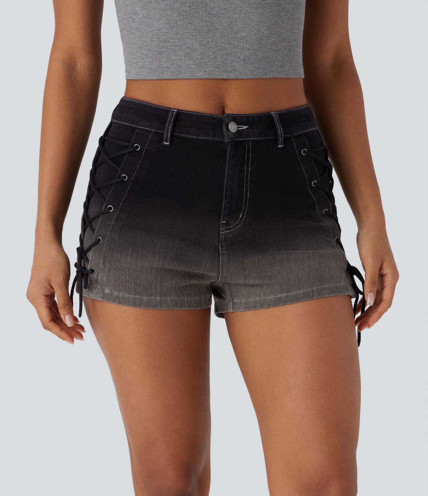 Halara Flex™ Mid Rise Lace Up Gradient Denim Casual Shorts 2'' with Pockets