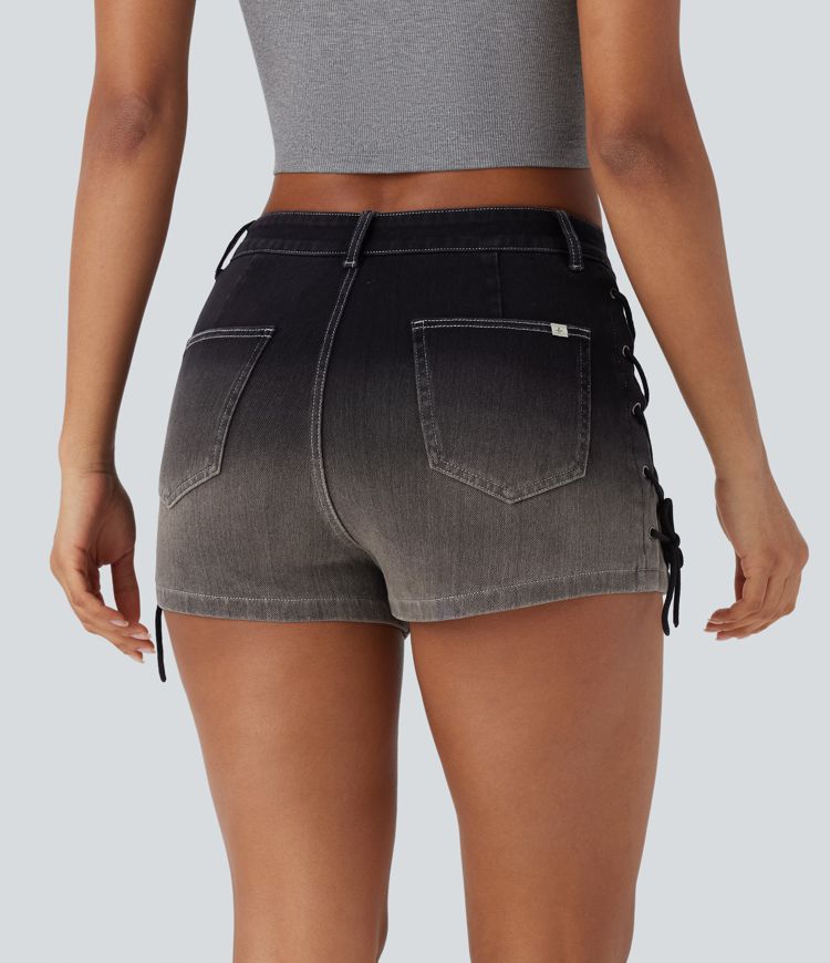 Halara Flex™ Mid Rise Lace Up Gradient Denim Casual Shorts 2'' with Pockets