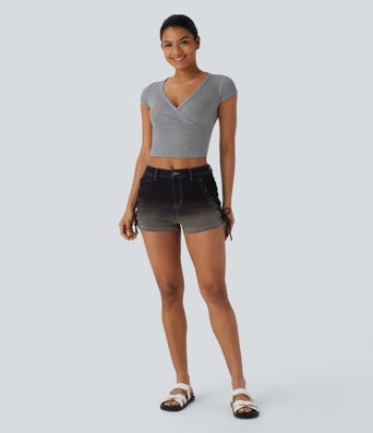 Halara Flex™ Mid Rise Lace Up Gradient Denim Casual Shorts 2'' with Pockets