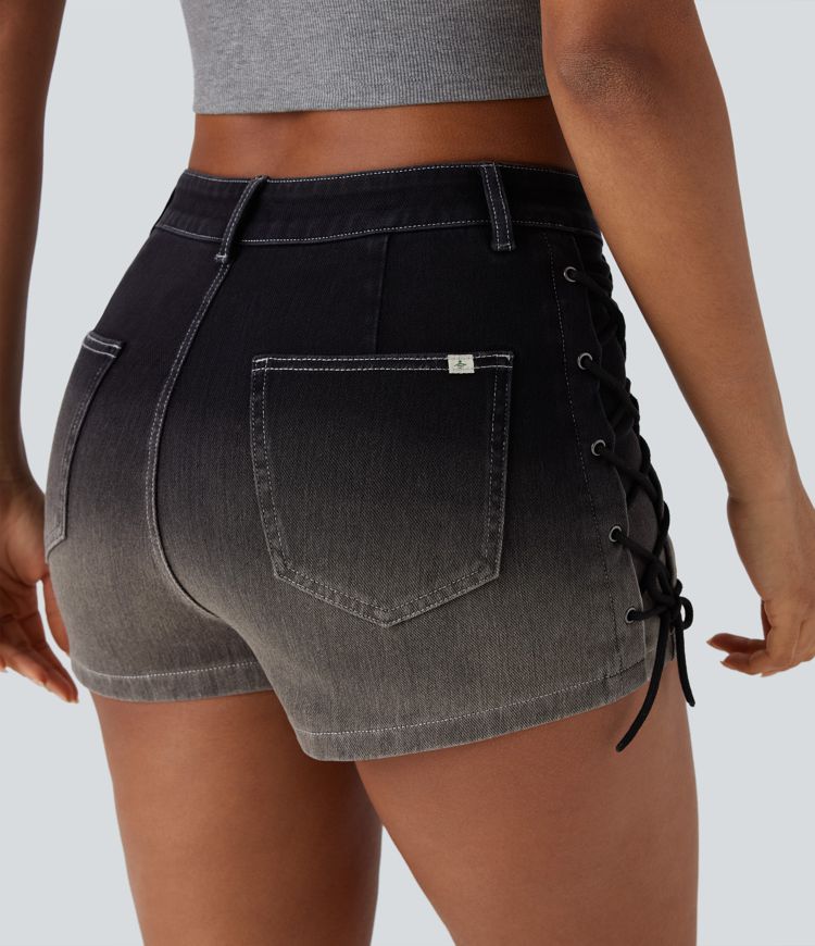Halara Flex™ Mid Rise Lace Up Gradient Denim Casual Shorts 2'' with Pockets