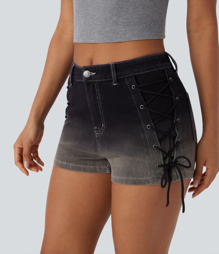 Halara Flex™ Mid Rise Lace Up Gradient Denim Casual Shorts 2'' with Pockets
