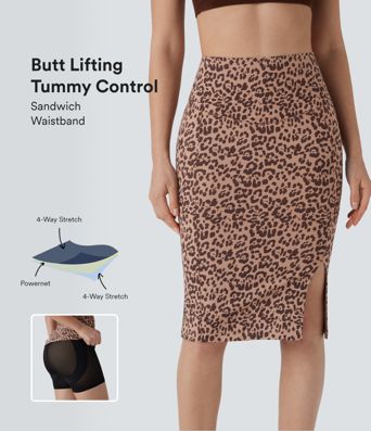 High Waisted Tummy Control Butt Lifting Midi Leopard Print Casual Shapewear Skirt