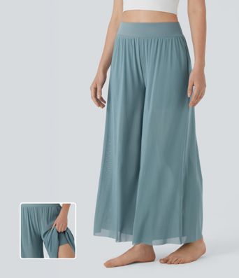 High Waisted 2-in-1 Mesh Wide Leg Flowy Dance Pants