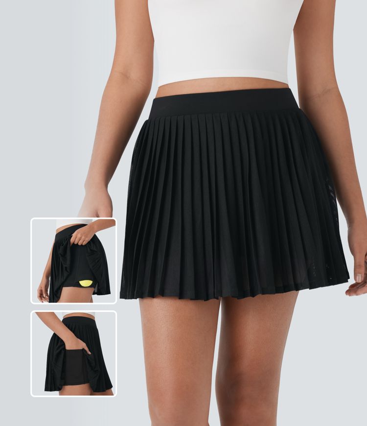 High Waisted Pleated Contrast Mesh 2-in-1 Pocket Mini Tennis Skirt