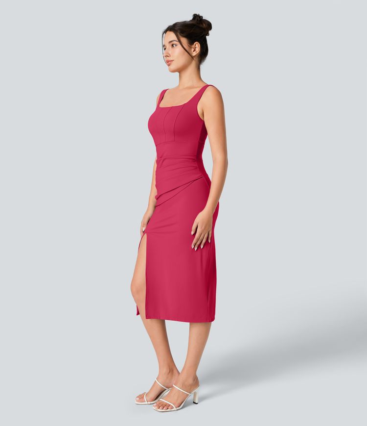 Softlyzero™ Airy Square Neck Backless Corset Ruched Split Bodycon Midi Cool Touch Bridesmaid and Wedding Guest Dress