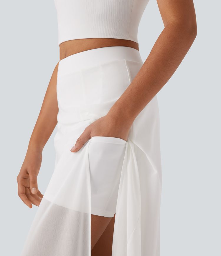 Jupe maxi fluide de danse 2-en-1 à taille mi-haute, fente et poches latérales
