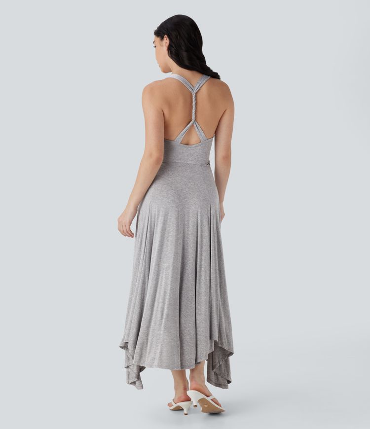 Ruched Asymmetric Hem Flowy Maxi Casual Dress