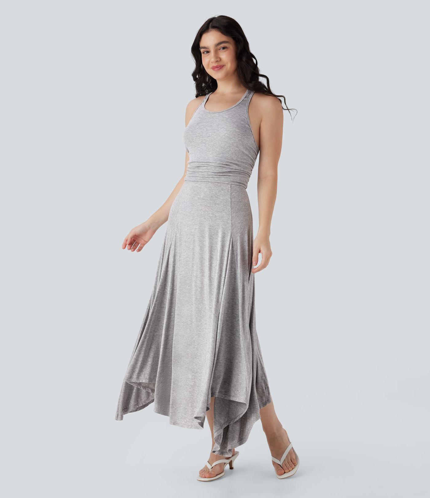 Ruched Asymmetric Hem Flowy Maxi Casual Dress