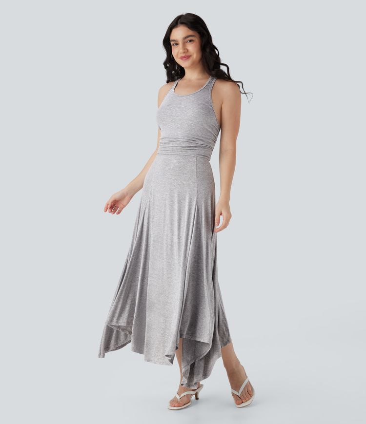 Ruched Asymmetric Hem Flowy Maxi Casual Dress
