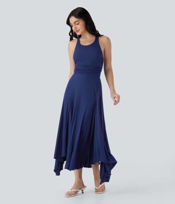 Vestido largo casual fluido con espalda descubierta, fruncido y dobladillo asimétrico