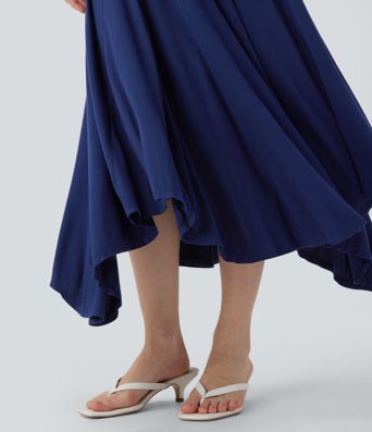 Vestido largo casual fluido con espalda descubierta, fruncido y dobladillo asimétrico