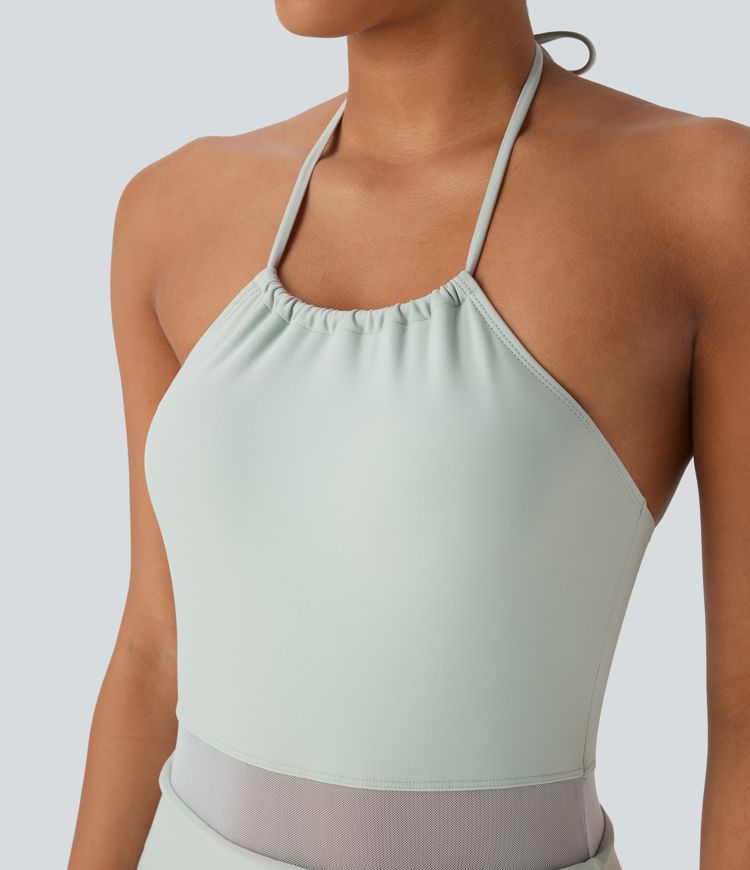 Halter Contrast Mesh 2-in-1 Mini One Piece Swimsuit