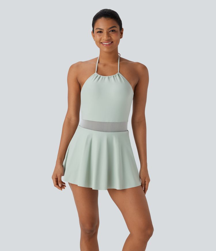 Halter Contrast Mesh 2-in-1 Mini One Piece Swimsuit