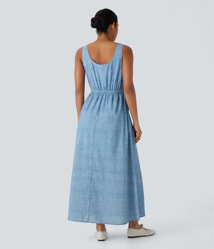 Sleeveless Drawstring Maxi Casual Dress with Pockets