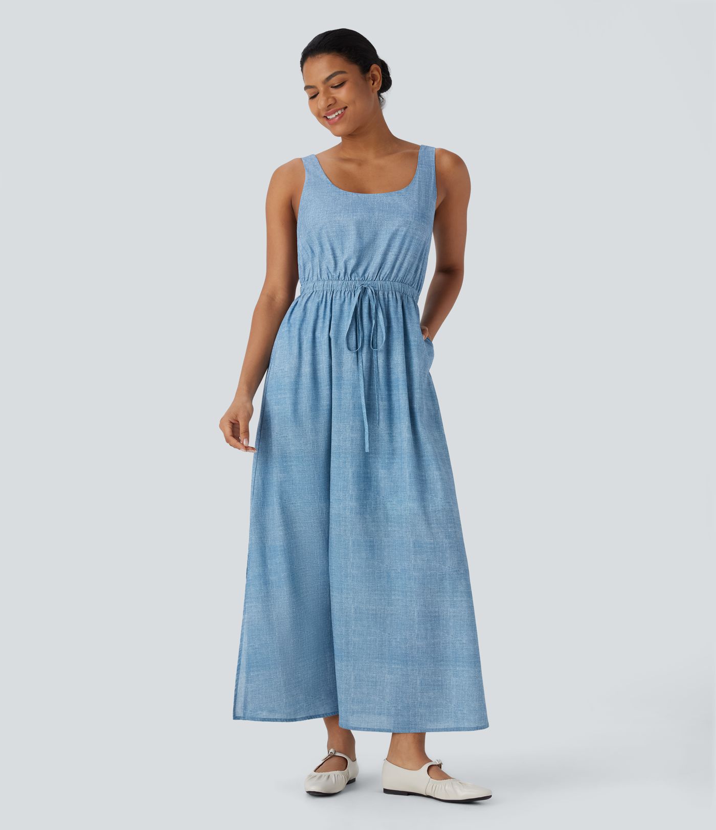 Sleeveless Drawstring Maxi Casual Dress with Pockets