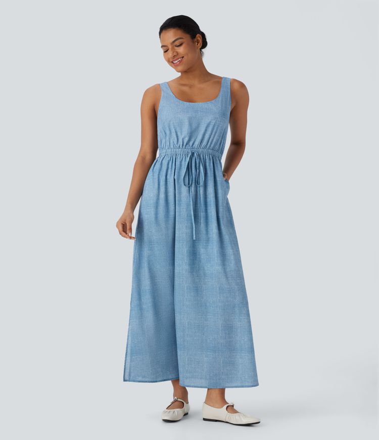 Sleeveless Drawstring Maxi Casual Dress with Pockets