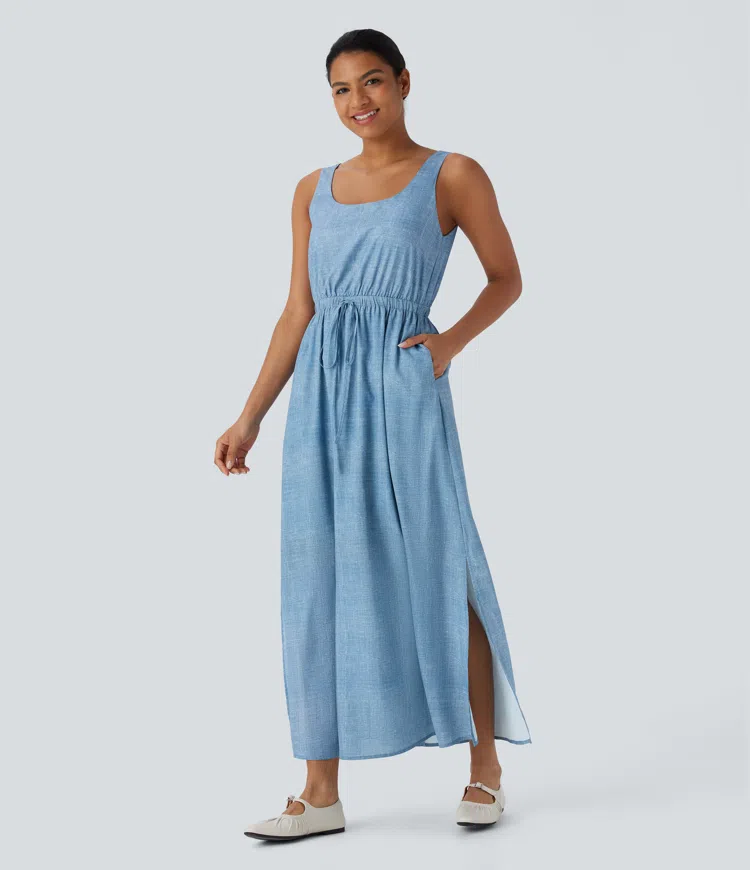 Sleeveless Drawstring Maxi Casual Dress with Pockets
