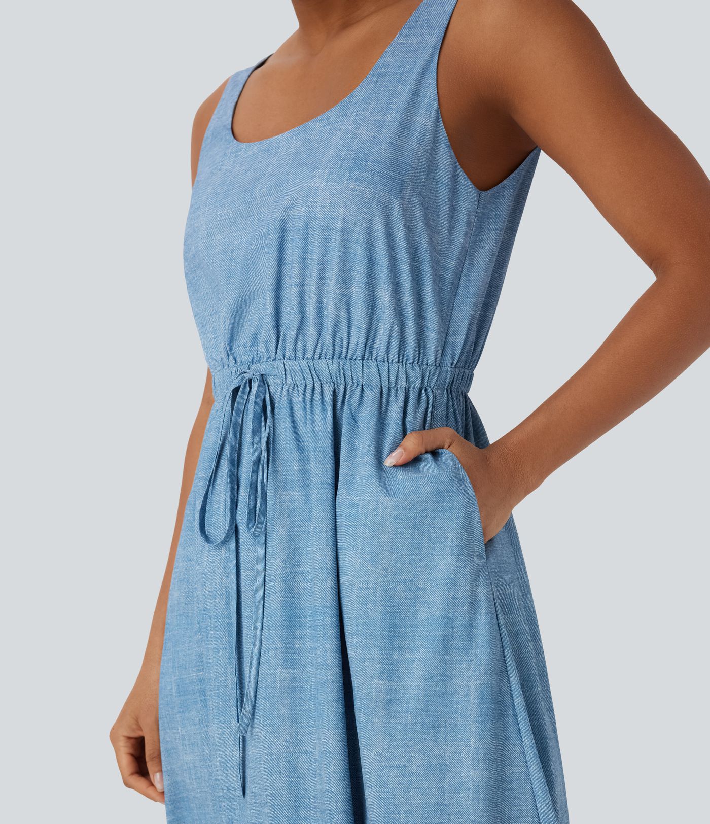 Sleeveless Drawstring Maxi Casual Dress with Pockets