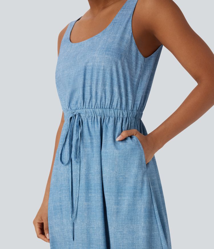 Sleeveless Drawstring Maxi Casual Dress with Pockets