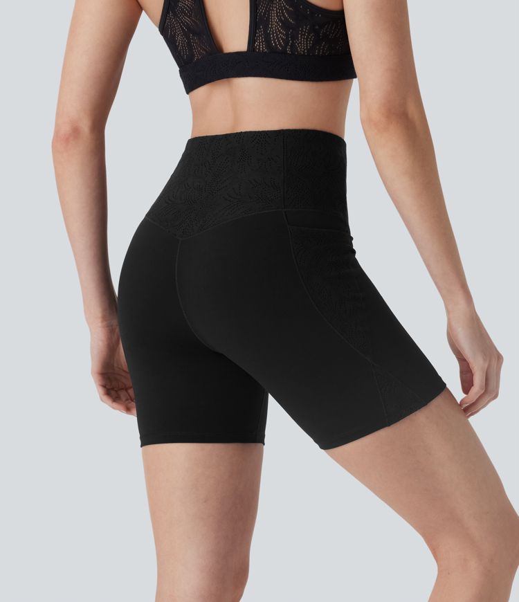 Halara UltraSculpt™ High Waisted Tummy Control Contrast Lace Training Biker Shorts 5'' with Pockets