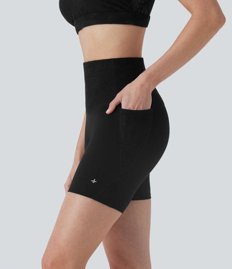 Halara UltraSculpt™ High Waisted Tummy Control Contrast Lace Training Biker Shorts 5'' with Pockets