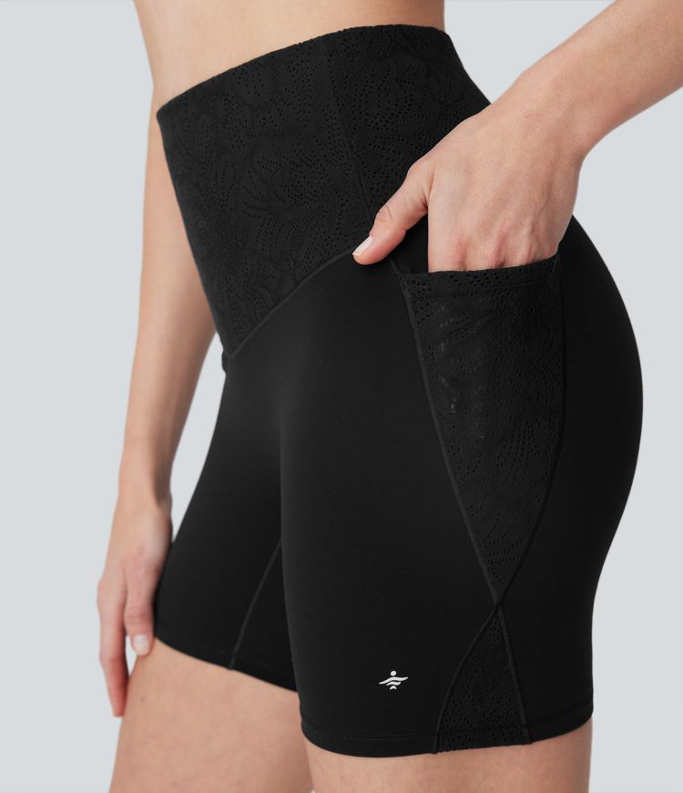 Halara UltraSculpt™ High Waisted Tummy Control Contrast Lace Training Biker Shorts 5'' with Pockets