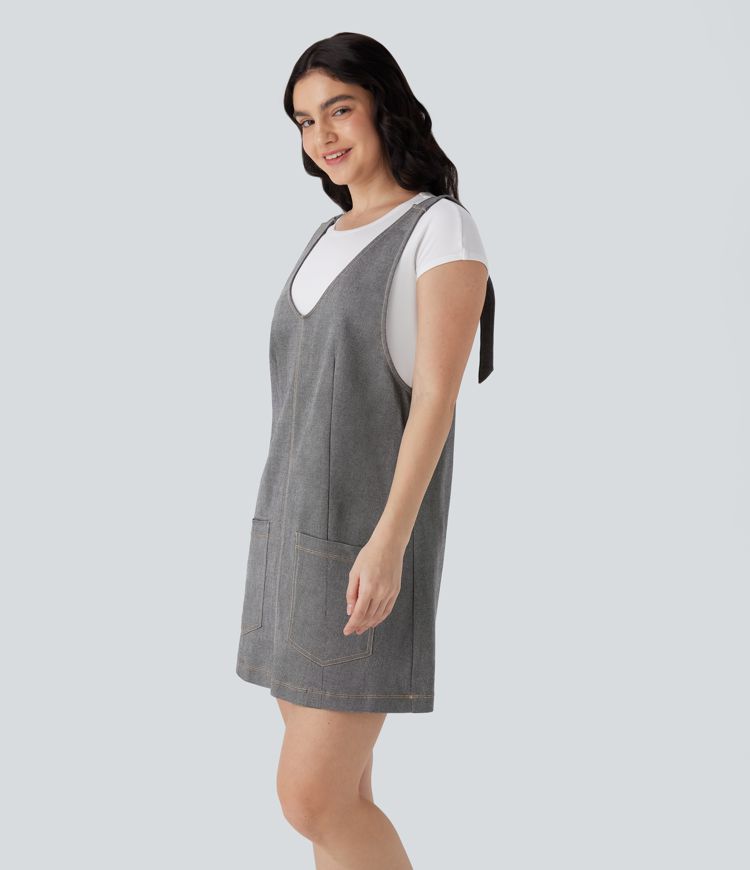 Robe courte décontractée aspect denim col en V avec poches latérales