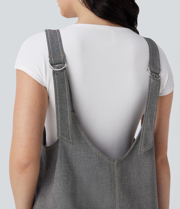 Robe courte décontractée aspect denim col en V avec poches latérales