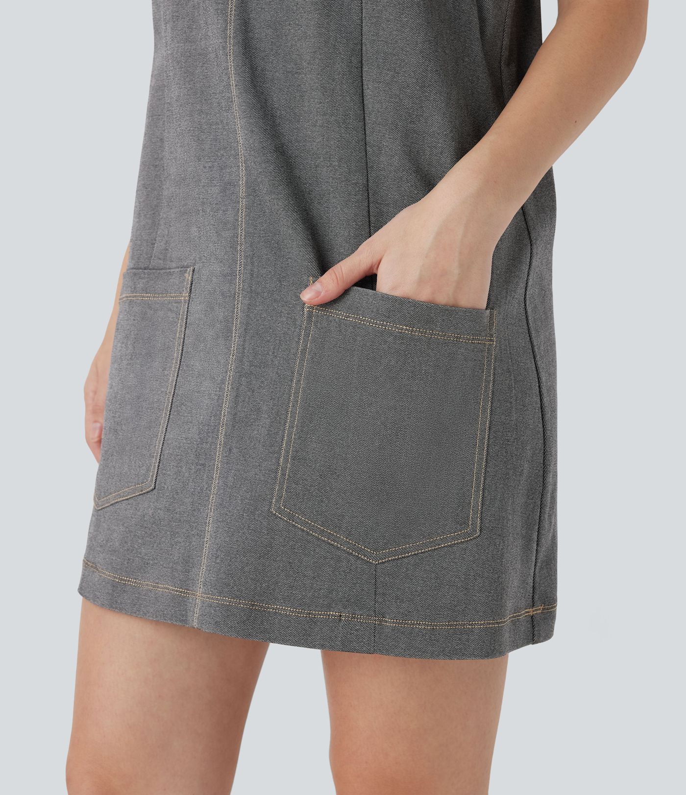 Robe courte décontractée aspect denim col en V avec poches latérales