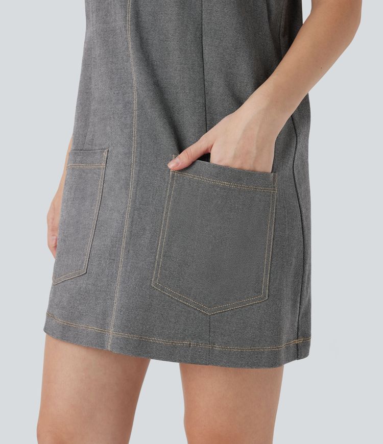Robe courte décontractée aspect denim col en V avec poches latérales