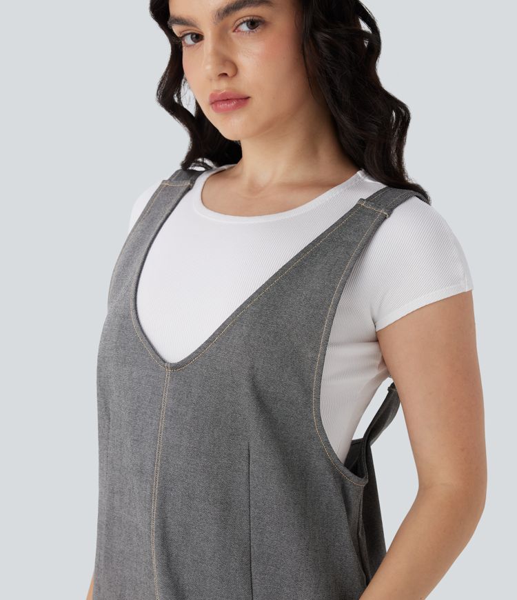 Robe courte décontractée aspect denim col en V avec poches latérales