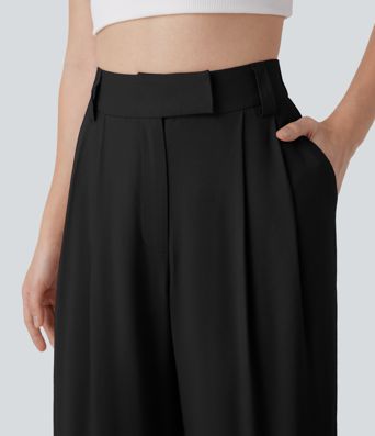 Mid Rise Wide Leg Casual Linen-Feel Pants with Pockets