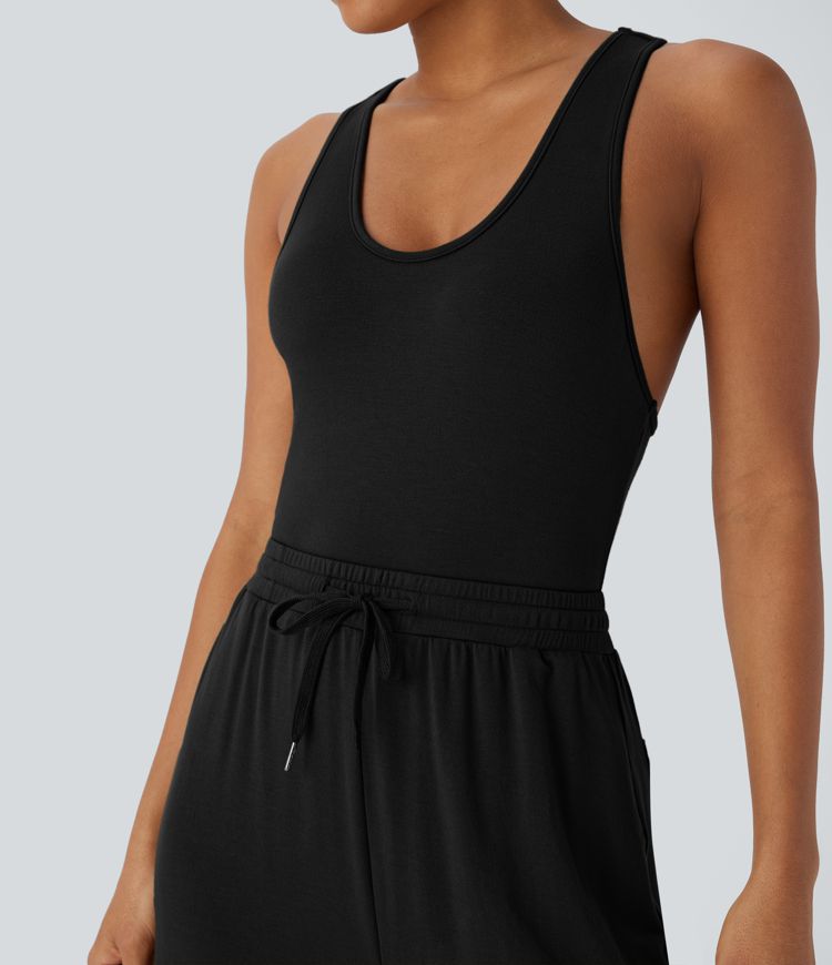 Combinaison décontractée à col en U, dos nageur et cordon de serrage avec poches