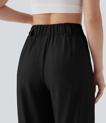 Mid Rise Wide Leg Casual Linen-Feel Pants with Pockets