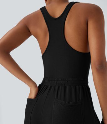 Combinaison décontractée à col en U, dos nageur et cordon de serrage avec poches