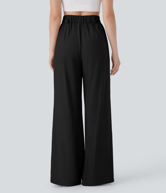 Mid Rise Wide Leg Casual Linen-Feel Pants with Pockets