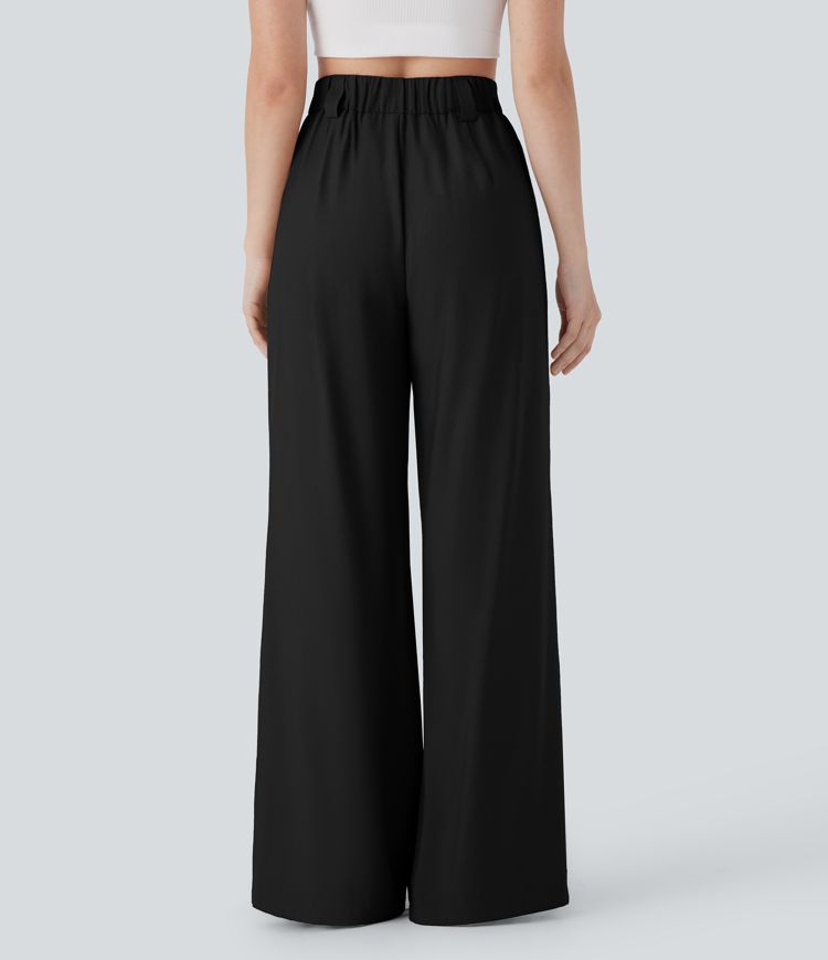 Mid Rise Wide Leg Casual Linen-Feel Pants with Pockets