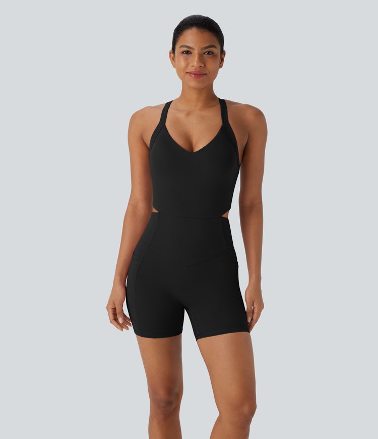Halara UltraSculpt™ SoCinched Backless Twisted Tummy Control Training Romper with Side Pockets-Easy Peezy Edition